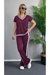 Kadın Kısa Kollu V Yakalı Viskon Iki Iplik Bluz Ve Pantolon Ikili Takım