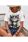 Kadın Kısa Kollu Bisiklet Yaka Kedi Baskılı Süprem Bluz