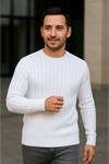 Erkek Bisiklet Yuvarlak Yaka Triko Kazak Pamuklu Kalın Fitilli Dokuma, Regular Fit Uzun Kollu Kışlık Model - Beyaz