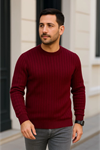 Erkek Bisiklet Yuvarlak Yaka Triko Kazak Pamuklu Kalın Fitilli Dokuma, Regular Fit Uzun Kollu Kışlık Model - Bordo