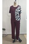 Kadın Kısa Kollu Bisiklet Yaka Zebra Desen Bluz Ve Pantolon Ikili Takım