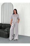 Osy Modal Yumuşak Dokulu Kumaş Bisiklet Yaka T-shirt  Bol Paça Pantalon Ikili Takım - Boyalı Gri