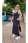 Kadın Askılı Yuvarlak Yakalı Cepli Yırtmaç Detaylı Viskon Elbise Ve Atlet Ikili Takım