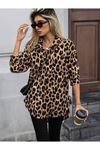 Kadın Uzun Kollu Yakalı önden Düğmeli Yandan Bağcıklı Leopar Desenli Modal Bluz