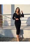 Kadın Uzun Kollu Kruvaze Yaka Büzgü Ve Balon Kol Detay Krep Kumaş Maxi Boy Elbise