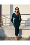 Kadın Uzun Kollu Kruvaze Yaka Büzgü Ve Balon Kol Detay Simli Krep Kumaş Maxi Boy Elbise