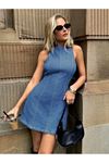 Kadın Omuzlardan Açık Bisiklet Yaka Kısa Kot Elbise