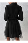 Kadın Uzun Kollu Yakalı Belinde Kemer Detaylı Mini Tüllü Ithal Krep Elbise