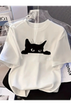 Baskılı Oversize Bisiklet Yaka T-shirt - Beyaz