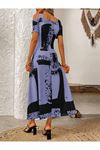 Kadın Omuzlardan Açık Askılı Desenli Süprem Uzun Elbise