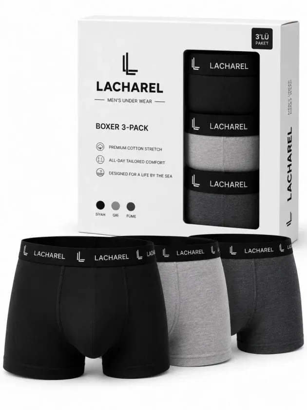Erkek Likralı Pamuklu Nefes Alan Penye Boxer 3lü Paket - Siyah - Gri - Füme