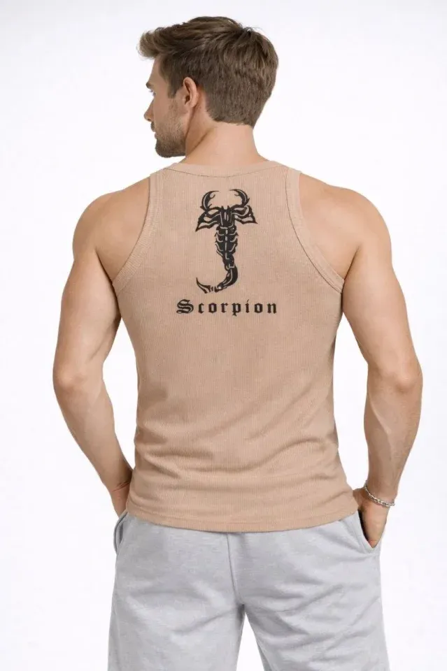 Erkek Spor Fitilli Atlet 2li Set Kahverengi Ve Beyaz Slim Fit Kaşkorse Arka Baskılı Spor Atlet
