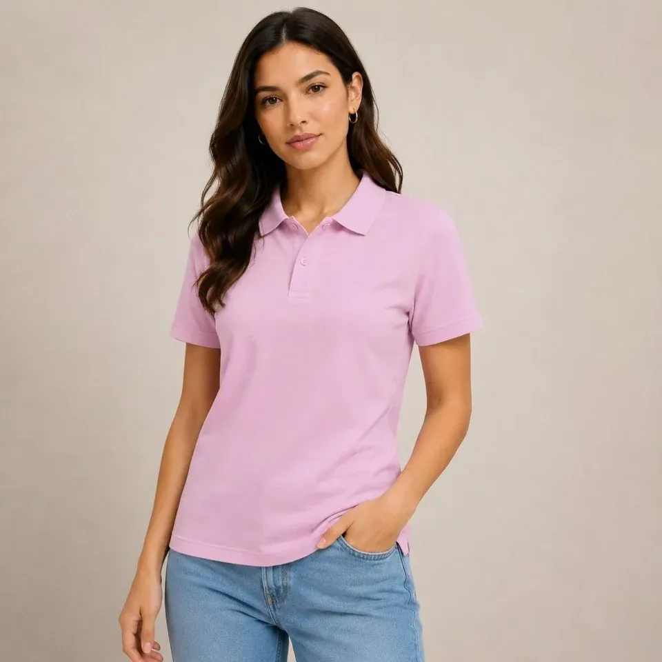 Polo Yaka Pike Kumaş Düğmeli Basic Tişört Günlük Rahat - Pembe