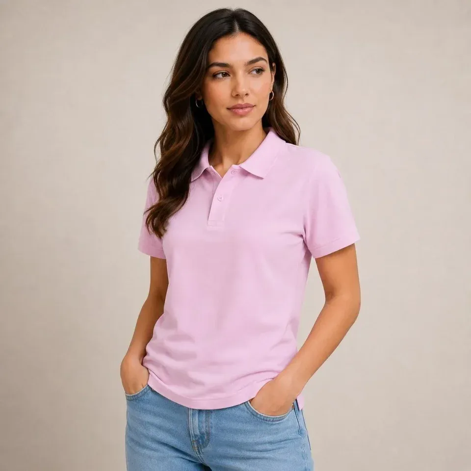 Polo Yaka Pike Kumaş Düğmeli Basic Tişört Günlük Rahat - Pembe