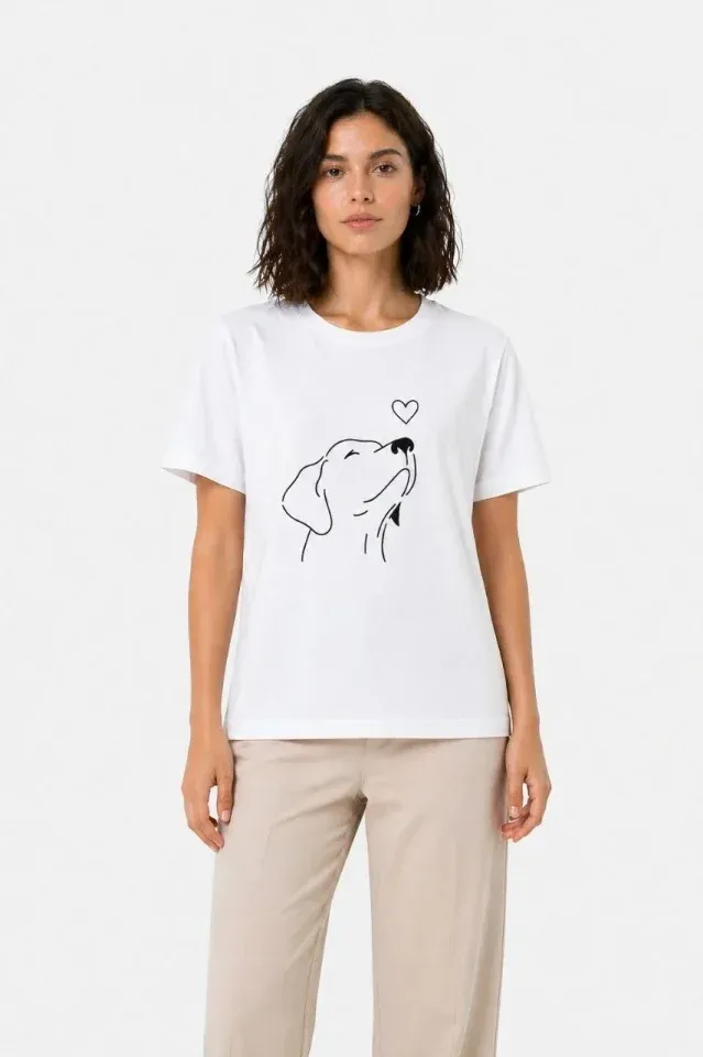 Köpek Figürlü Minimal Baskılı Tişört Kısa Kol Yazlık T-Shirt - Beyaz