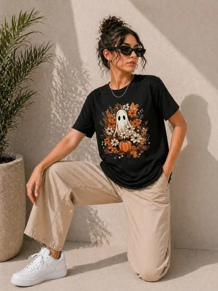 Balkabağı Hayalet Baskılı Tişört Kısa Kol Yazlık T-Shirt - Siyah