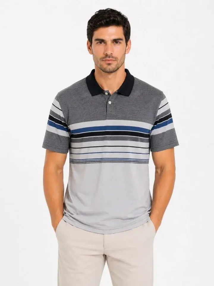 Erkek Flamlı Penye Çizgili Polo Yaka Tişört Kısa Kol Yazlık T-Shirt - Gri
