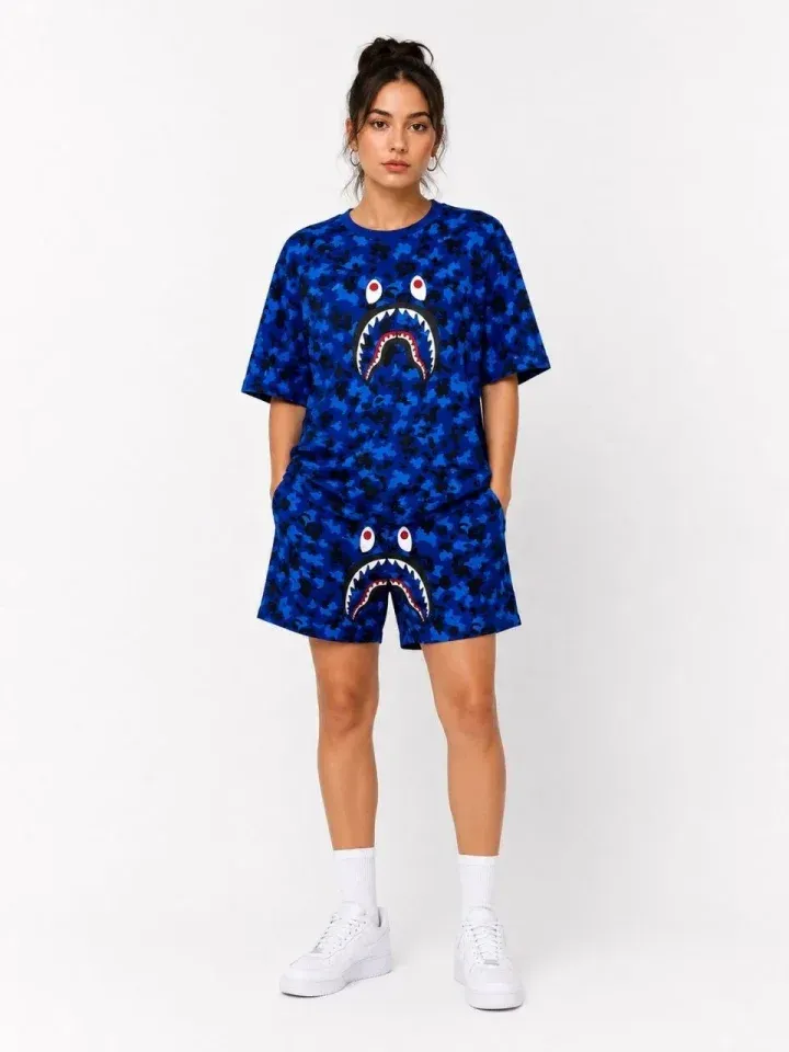 Oversize Kalıp Pubg Bape X Shark Nakışlı Cepli Şort Takım - Mavi