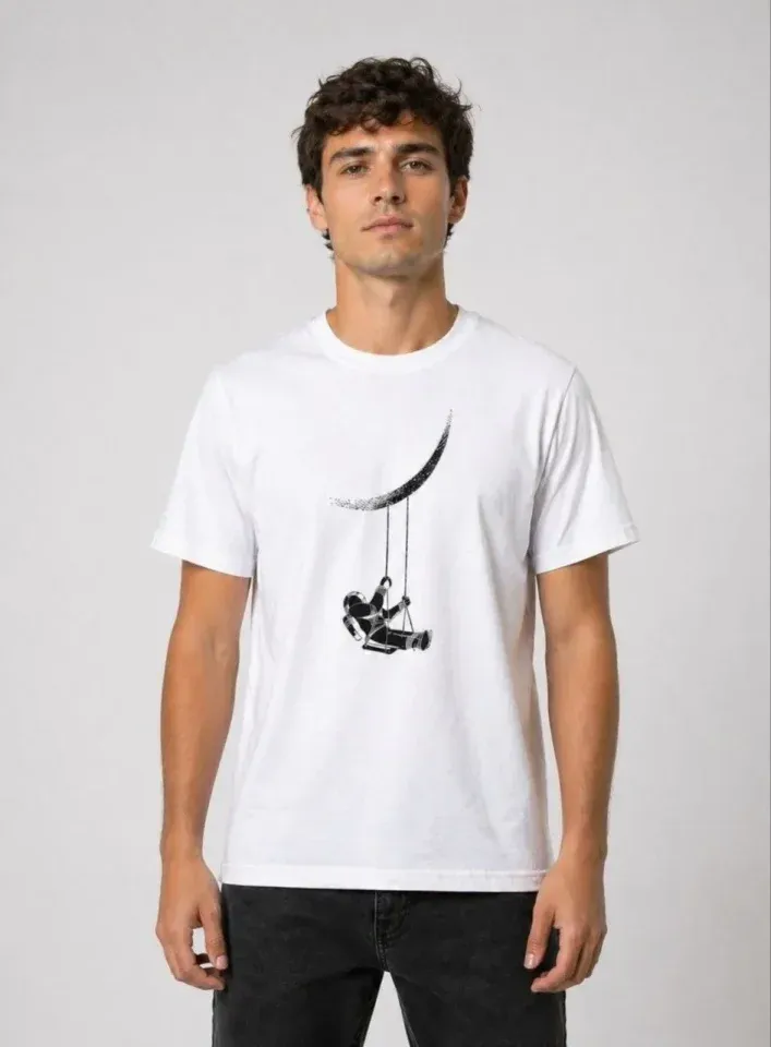 Erkek Astronot Ay Temalı Tişört Kısa Kol Yazlık Bisiklet Yaka T-Shirt - Beyaz