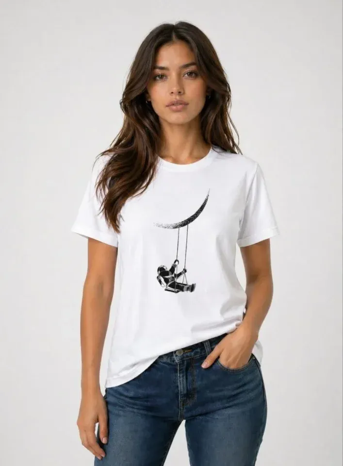 Astronot Ay Temalı Tişört Kısa Kol Yazlık Bisiklet Yaka T-Shirt - Beyaz