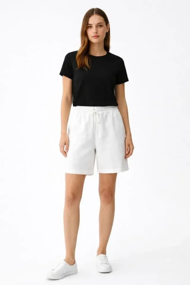Keten Kumaş Cepli Rahat Kesim Bel Lastikli Şort - Beyaz