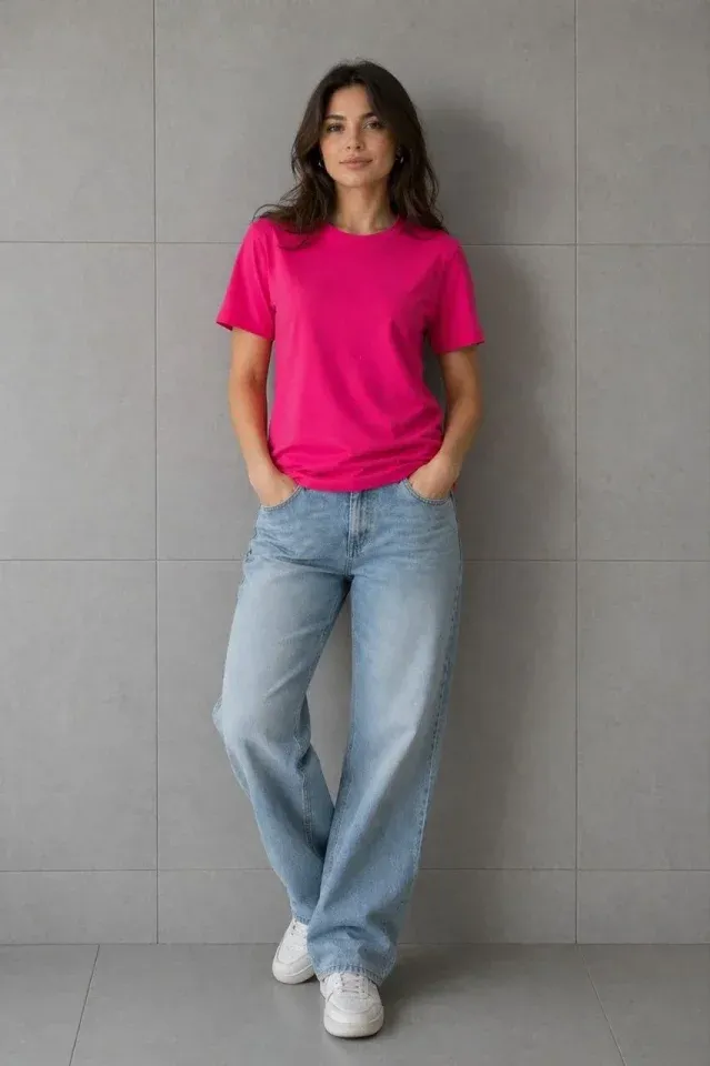 Basic Pamuklu Tişört Bisiklet Yaka Düz Renk Relaxed Fit T-Shirt - Fuşya