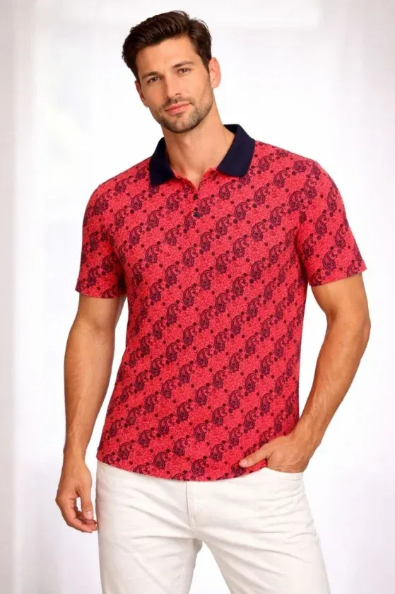 Erkek Pike Kumaş Polo Yaka Palmiye Desenli Tişört Kısa Kol Yazlık T-Shirt - Kırmızı