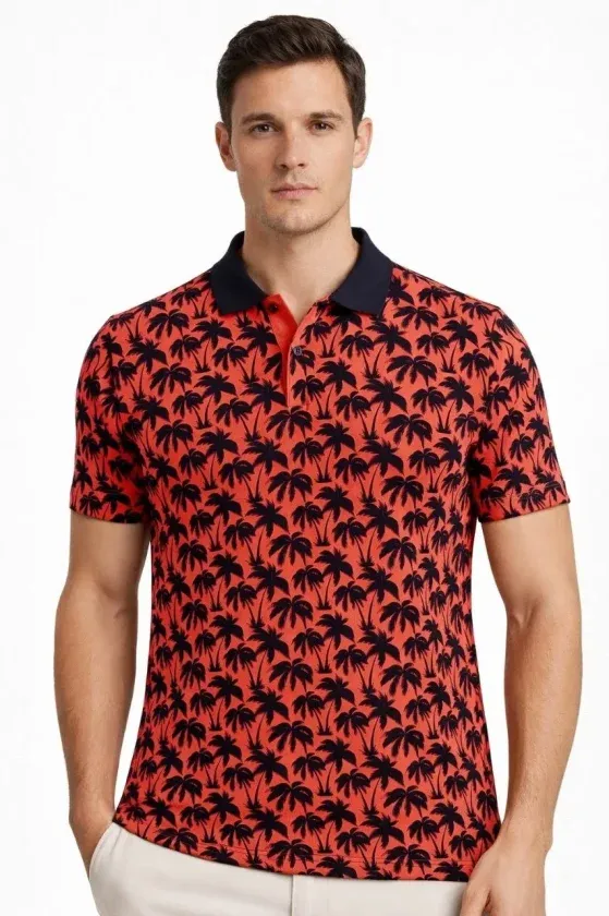Erkek Pike Kumaş Polo Yaka Palmiye Desenli Tişört Kısa Kol Yazlık T-Shirt - Kırmızı