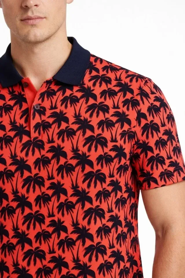 Erkek Pike Kumaş Polo Yaka Palmiye Desenli Tişört Kısa Kol Yazlık T-Shirt - Kırmızı