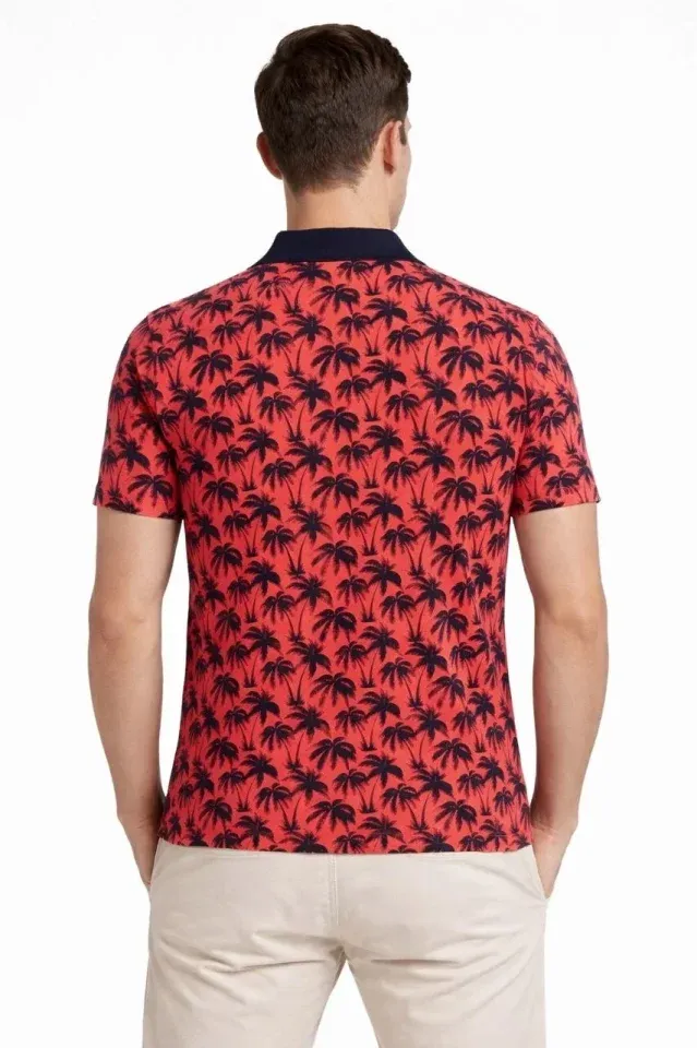 Erkek Pike Kumaş Polo Yaka Palmiye Desenli Tişört Kısa Kol Yazlık T-Shirt - Kırmızı