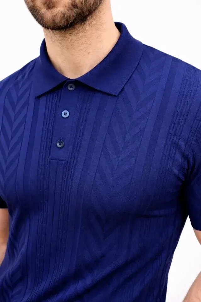 Erkek Yazlık Triko Tişört Kısa Kol Polo Yaka Düğmeli T-Shirt - Lacivert