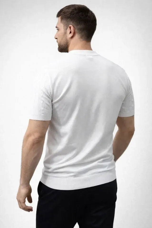 Erkek Yazlık Triko Dokuma Tişört Kısa Kol Bisiklet Yaka Örgü Desenli T-Shirt - Beyaz
