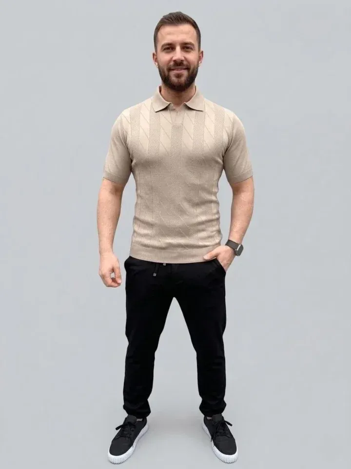 Erkek Yazlık Triko Dokuma Tişört Kısa Kol Polo Yaka T-Shirt - Bej