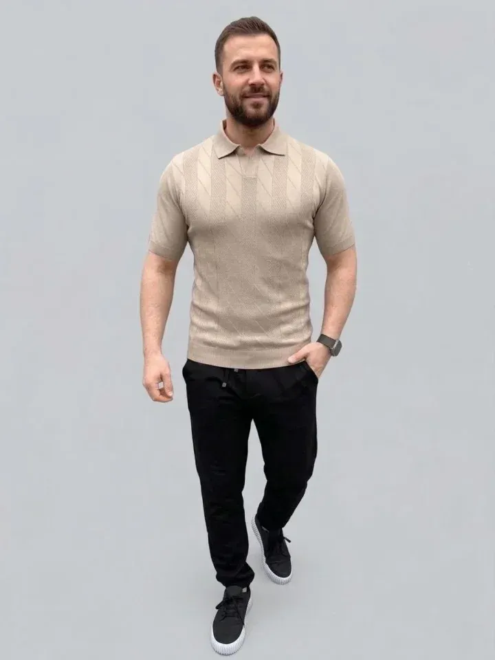 Erkek Yazlık Triko Dokuma Tişört Kısa Kol Polo Yaka T-Shirt - Bej