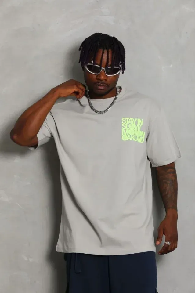Erkek Baskılı T-Shirt Kısa Kol Bisiklet Yaka Regular Fit Rahat Kalıp Günlük Tişört - Gri