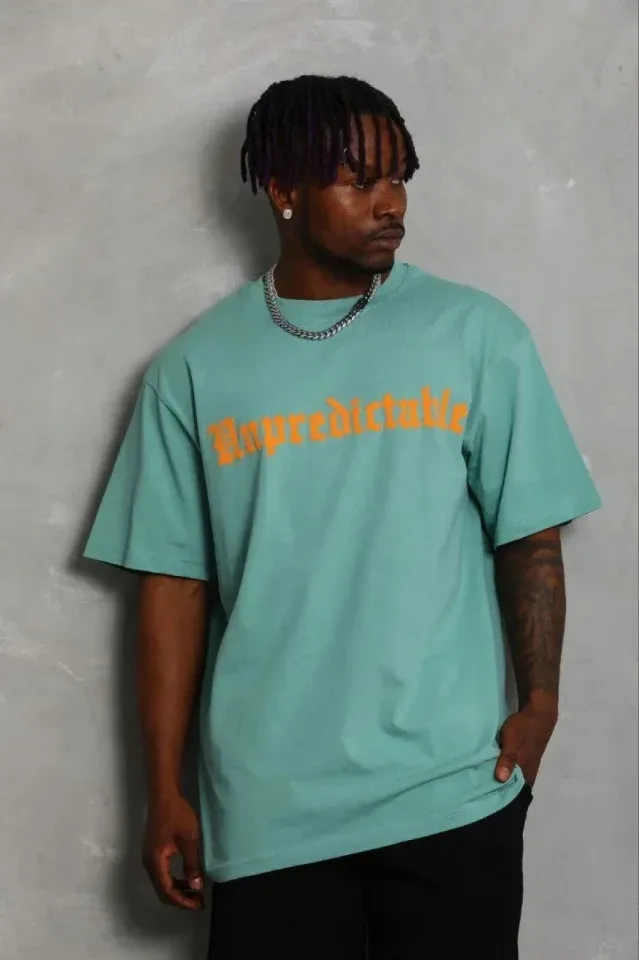 Erkek Baskılı T-Shirt Kısa Kol Bisiklet Yaka Regular Fit Rahat Kalıp Günlük Tişört - Mint Yeşili