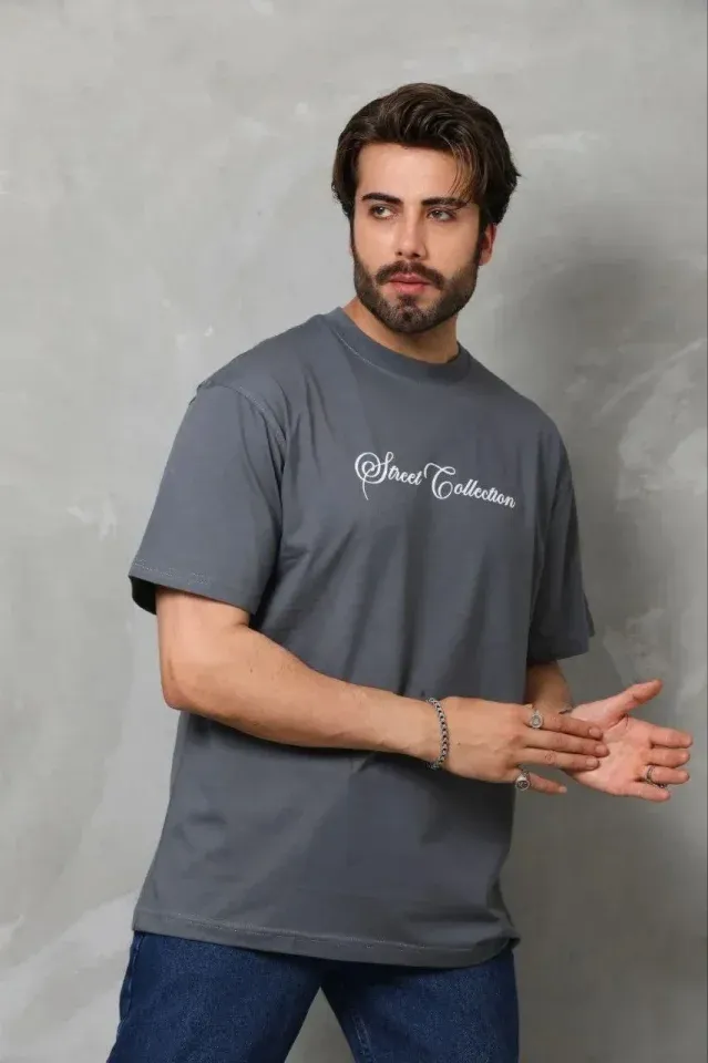 Erkek Baskılı T-Shirt Kısa Kol Bisiklet Yaka Regular Fit Rahat Kalıp Günlük Tişört - Füme