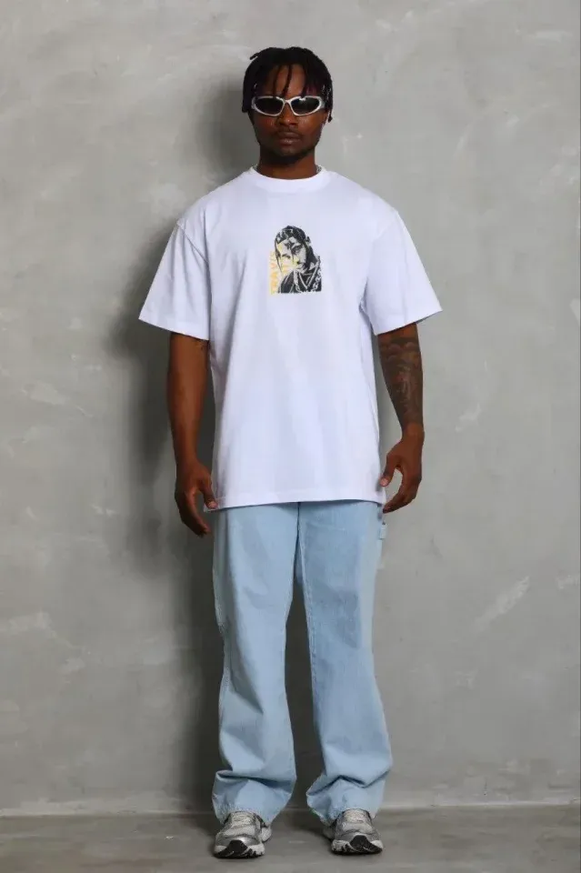 Erkek Baskılı T-Shirt Kısa Kol Bisiklet Yaka Regular Fit Rahat Kalıp Günlük Tişört - Beyaz