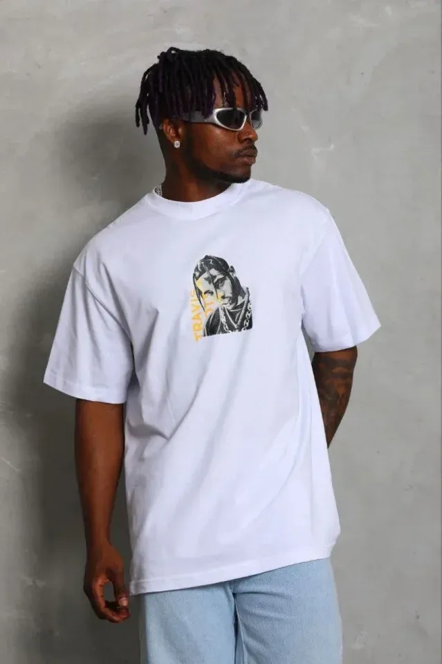Erkek Baskılı T-Shirt Kısa Kol Bisiklet Yaka Regular Fit Rahat Kalıp Günlük Tişört - Beyaz
