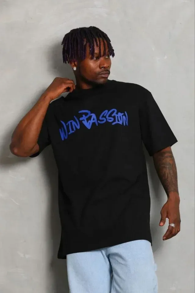 Erkek Baskılı T-Shirt Kısa Kol Bisiklet Yaka Regular Fit Rahat Kalıp Günlük Tişört - Siyah