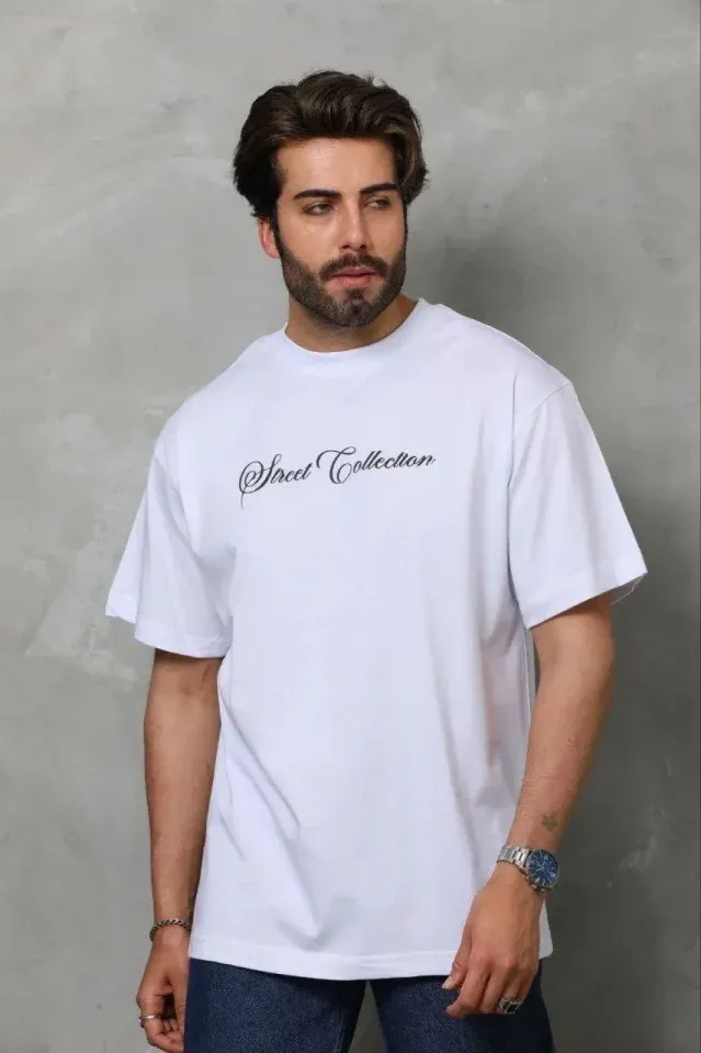 Erkek Baskılı T-Shirt Kısa Kol Bisiklet Yaka Regular Fit Rahat Kalıp Günlük Tişört - Beyaz