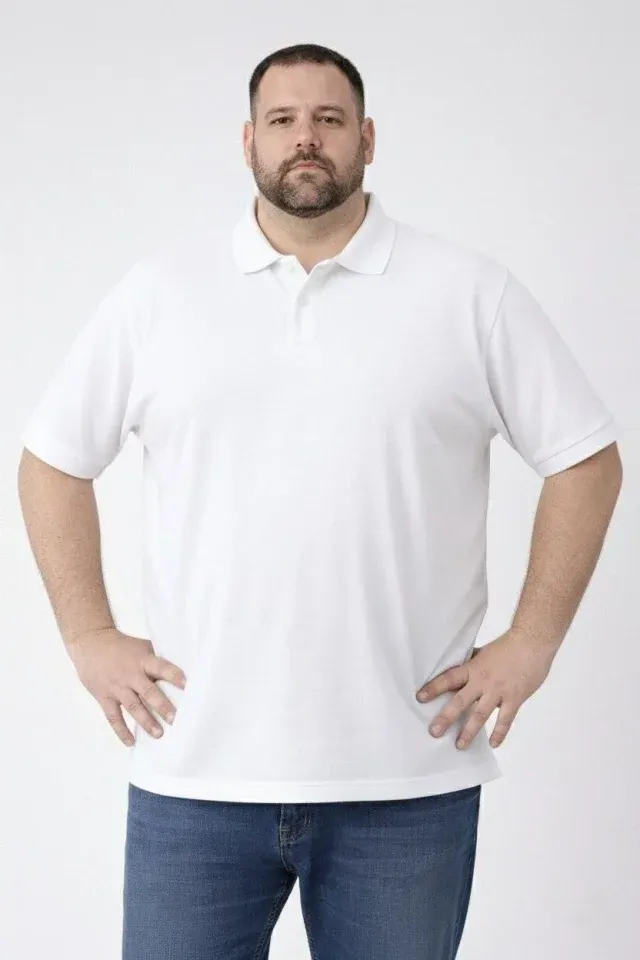 Erkek Pike Kumaş Düğmeli Yaka Battal Büyük Beden Günlük Kısa Kol Tişört T-shirt - Beyaz
