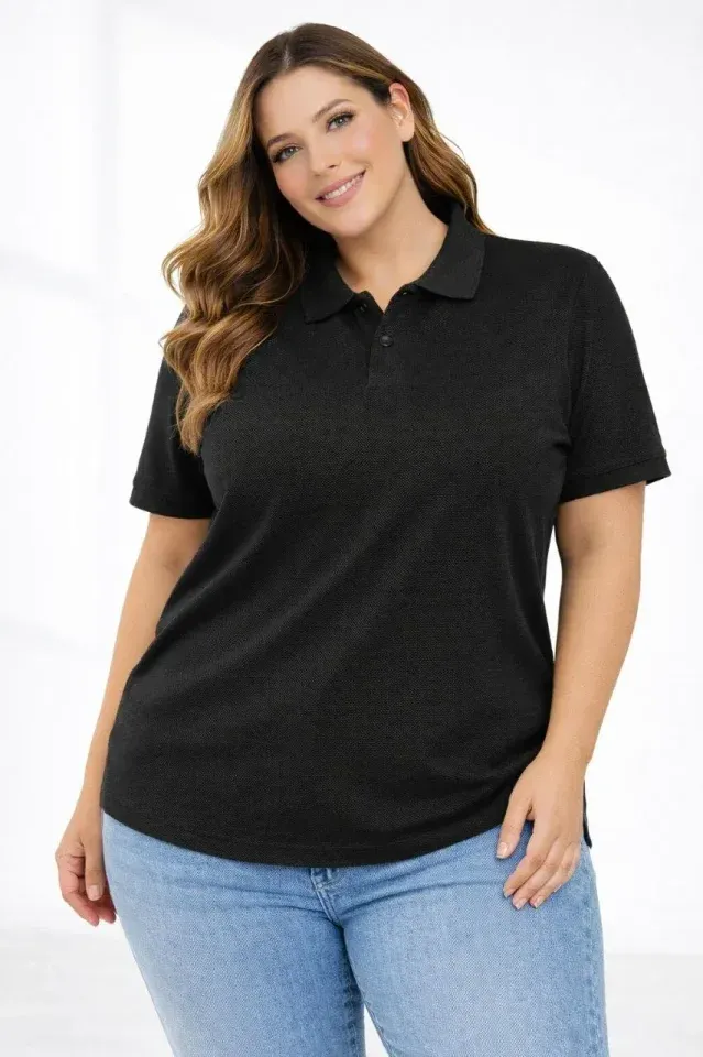 Pike Kumaş Düğmeli Yaka Battal Büyük Beden Günlük Kısa Kol Tişört T-shirt - Siyah