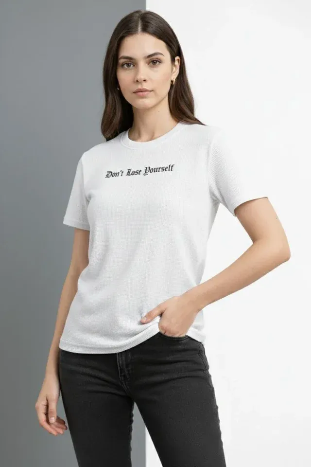 Wafıl Kumaş Tişört Regular Kalıp Bisiklet Yaka Baskılı Günlük Basic T-Shirt - Beyaz