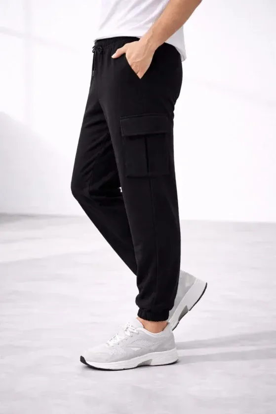 Erkek Jogger Eşofman Altı Regular Fit , Kargo Cepli, Lastikli Paça, Günlük Spor Pantolon - Siyah