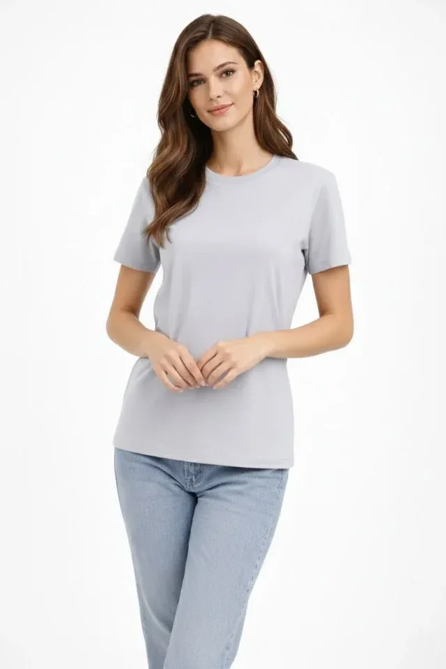 Bisiklet Yaka Tişört  Regular Kalıp Basic Pamuklu  Günlük Kullanım  T-shirt - Gri