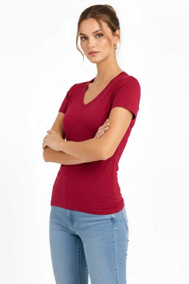 T-Shirt V Yaka Slim Fit Likralı Tişört Günlük Basic Body - Bordo