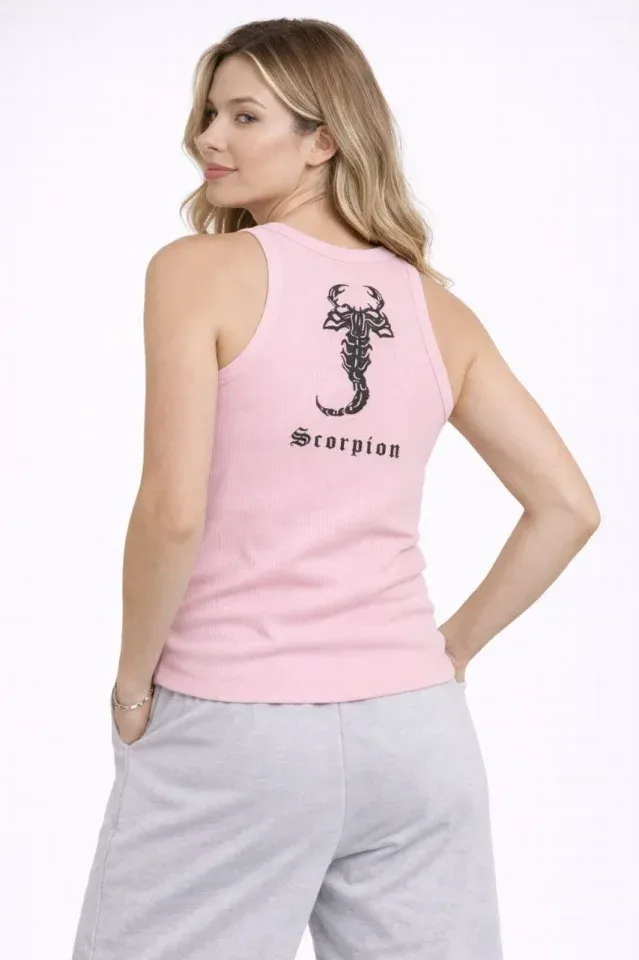 Fitilli Atlet Sıfır Yaka Slim Fit Arka Baskılı Spor Atlet - Pembe