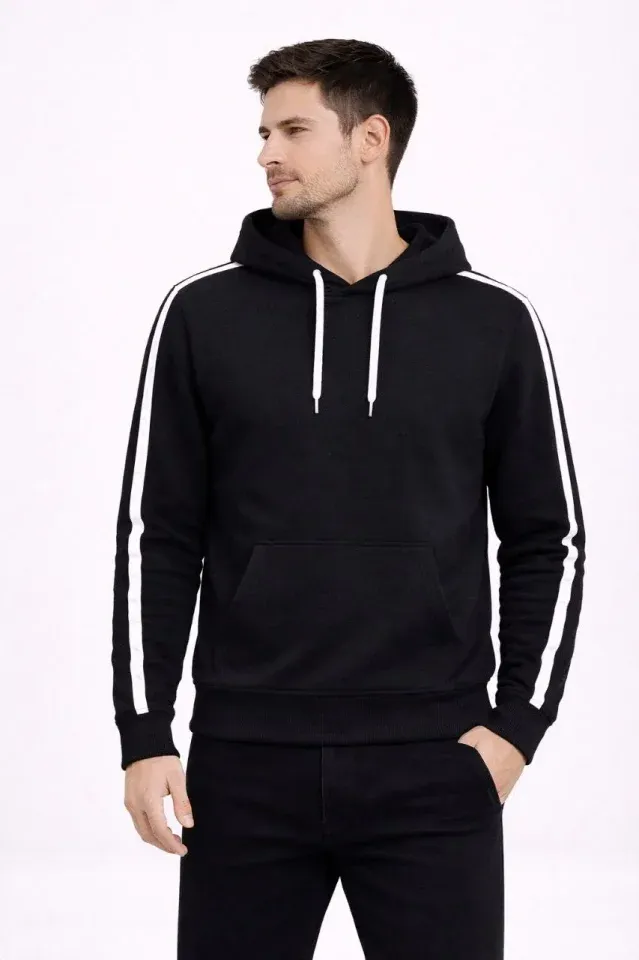 Erkek Şeritli Kapüşonlu Sweatshirt Oversize 3 Iplik Pamuklu - Siyah