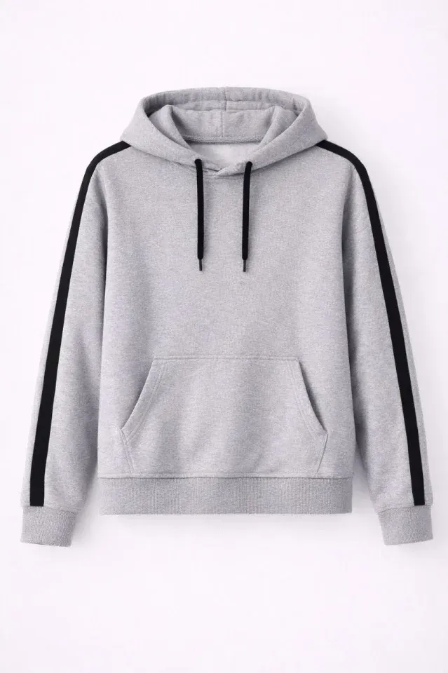 Erkek Şeritli Kapüşonlu Sweatshirt Oversize 3 Iplik Pamuklu - Gri
